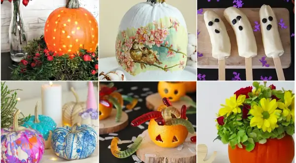 Inspirujące pomysły na halloween dekoracje: świecąca dynia, dynia z ptaszkami, banany-duchy, kolorowe dynie, pomarańcze z żelkami i dynia z kwiatami.
