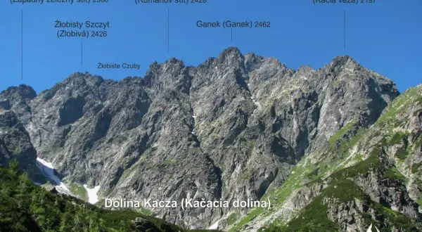 Majestatyczne szczyty Tatr Wysokich, w tym Ganek i Kacza Turnia, wznoszą się nad Doliną Kaczą. Mała, wysoka szlak prowadzi przez skaliste zbocza.