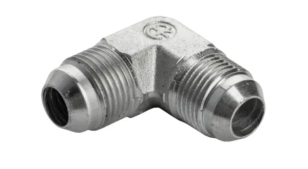 Metalowy kolanko 90 stopni z gwintem NPT, idealne do połączeń hydraulicznych.