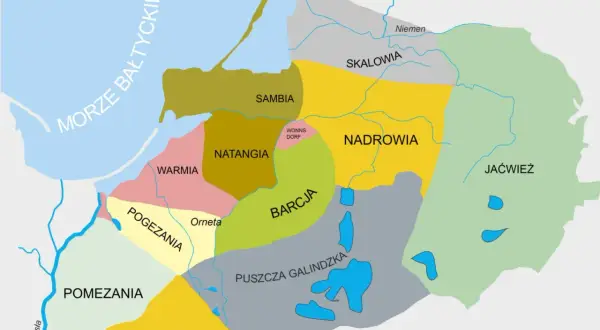 Mapa historycznych ziem Prusów: Sambia, Natangia, Warmia, Pomezania, Pogezania, Sasinia, Barcja, Skalovia, Nadrowia, Jaćwież.