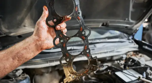 Uszczelka pod głowicą kosztuje sporo, a ta wygląda na zużytą. Mechanik pokazuje ją po demontażu silnika.