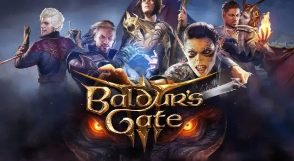 Postacie z Baldur's Gate 3 na Switchu, w tym elfka z magią i demonica z ogniem, gotowe do walki.