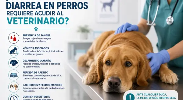 Un veterinario examina a un perro dorado con diarrea. La imagen detalla cuándo buscar ayuda profesional para cortar la diarrea en perros.