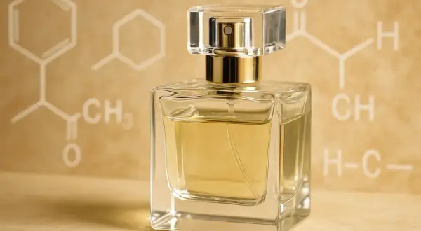 Elegancka butelka perfum na tle wzorów chemicznych, symbolizujących aldehydy w perfumach.