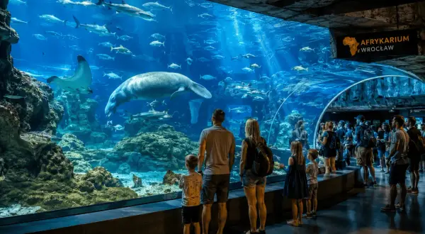 Familie bestaunt Seekuh und Haie im Afrykarium Wrocław.