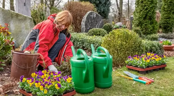 Kobieta sadzi bratki na cmentarzu. Jakie drzewa i krzewy można sadzić przy grobie przepisy cmentarne?