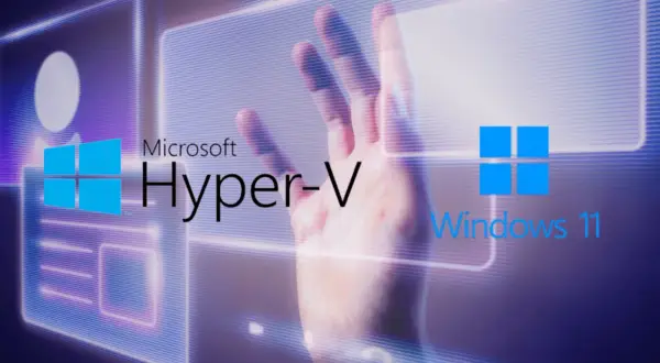 Mano interactuando con interfaz digital de Microsoft Hyper-V y Windows 11, creando una máquina virtual.