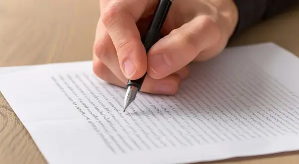 Dłoń pisze piórem na papierze. To może być wzór listu motywacyjnego, który pomoże Ci w karierze.