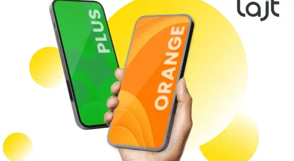Dwa telefony, jeden z napisem "PLUS" na zielonym tle, drugi z napisem "ORANGE" na pomarańczowym. Logo "lajt" sugeruje, co to jest lajt mobile.