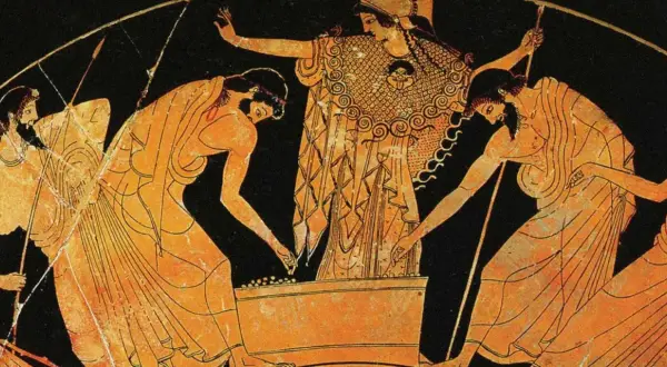 Ancient Greek vase painting depicting figures in a game of dice, a scene that might have inspired famous Greek artists.
