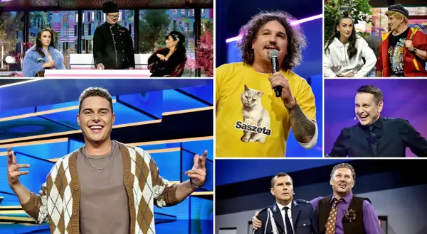 Kolaż zdjęć z programu rozrywkowego: uśmiechnięci mężczyźni, kobiety, kucharz, kot na koszulce.