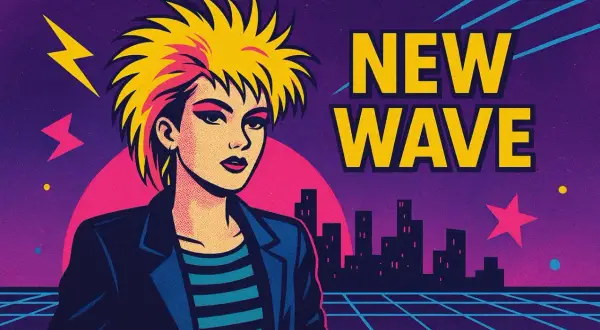 Chica con pelo rubio y rosa, vestida con chaqueta y camiseta a rayas, frente a un paisaje urbano retro con el texto "NEW WAVE".