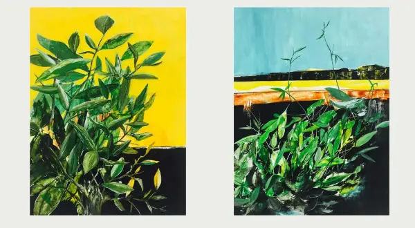 Two vibrant paintings by Asian artists, featuring lush green foliage against bold yellow and blue backgrounds.