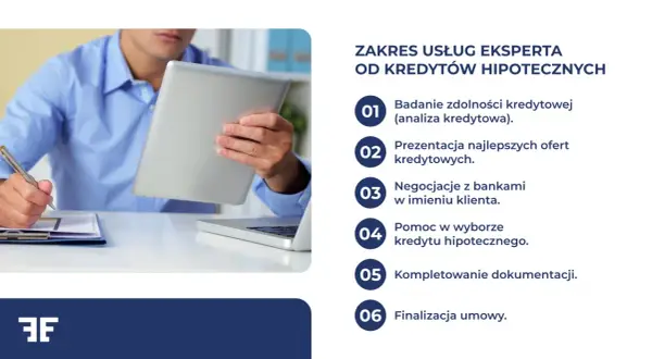 Doradca kredytowy analizuje zdolność, prezentuje oferty, negocjuje i pomaga wybrać najlepszy kredyt hipoteczny.