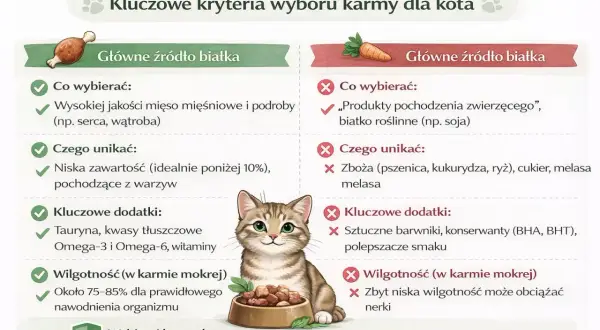 Koty nie mogą jeść zbóż, cukru i melasy. Wybieraj karmę z wysokiej jakości mięsem, tauryną i zdrowymi dodatkami.