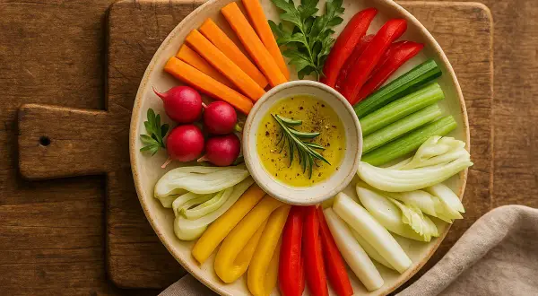Bunte Gemüsesticks wie Karotten, Paprika, Sellerie und Radieschen, serviert mit einem Dip – eine köstliche Auswahl an italienischen Vorspeisen.