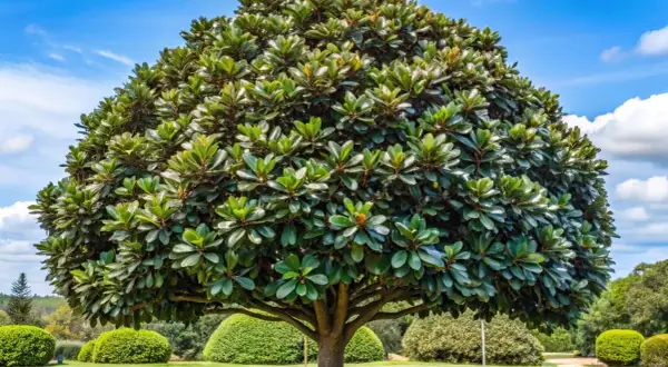 Magnífico árbol frondoso, ideal como uno de los árboles para jardín, con hojas verdes brillantes y un cielo azul con nubes.