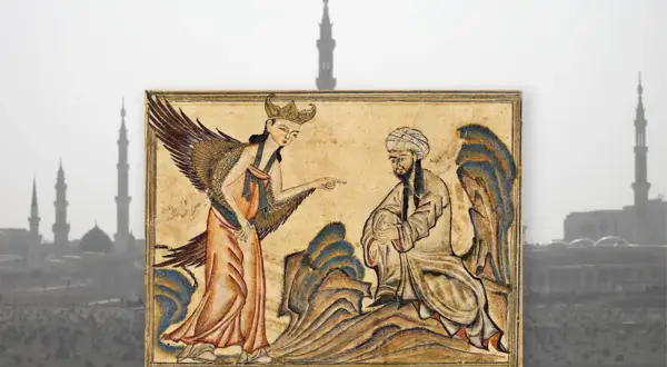 En ängel med vingar pekar på en man i en miniatyrmålning, en scen som kan förklara vad betyder islam. Bakgrunden visar moskéer.