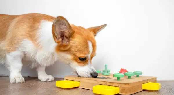 Corgi concentrato su giochi di intelligenza da fare a casa, esplora un puzzle in legno con bottoni colorati.