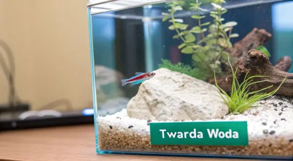 Mały neon pływa w akwarium z kamieniem i roślinami. Etykieta "Twarda Woda" sugeruje badanie mineralizacji wody.