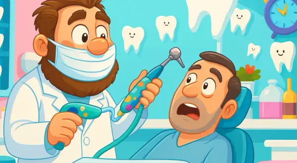 Dentysta w masce przygotowuje się do borowania zęba pacjentowi, który wygląda na przestraszonego. W tle uśmiechnięte zęby.