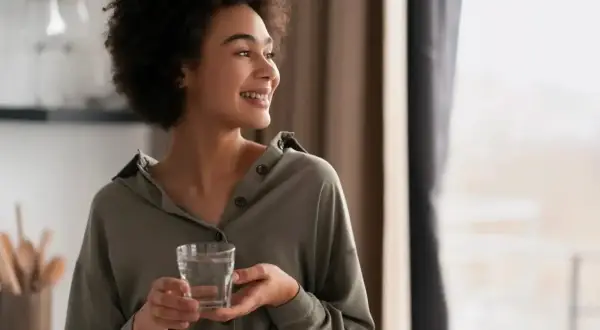 Une femme souriante tient un verre d'eau, un geste simple qui symbolise le luxe de l'eau de riche, une hydratation pure et précieuse.