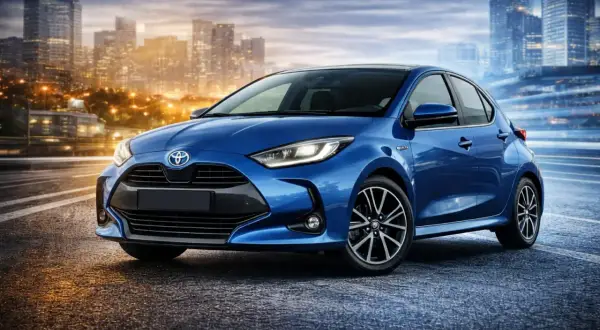 Niebieski Yaris 4 na tle rozświetlonego miasta nocą. Dynamiczna sylwetka i nowoczesne linie podkreślają jego miejski charakter.