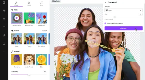 Jak usunąć tło ze zdjęcia? W Canva wybierz "BG Remover", zaznacz "Transparent background" i pobierz plik PNG.