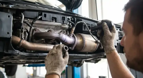 Mechanik sprawdza katalizator Skody, podejrzewając błąd DTC P0420.