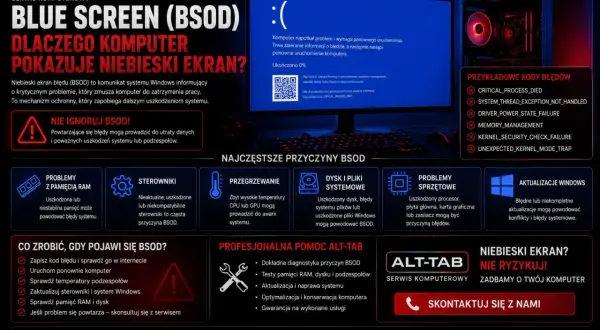 Niebieski ekran Windows 10 (BSOD) z komunikatem o błędzie. Obraz przedstawia komputer z widocznym niebieskim ekranem, ikonami przyczyn BSOD i poradami.