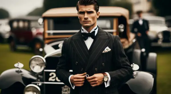 Elegancki mężczyzna w garniturze w prążki, niczym Gatsby, poprawia guzik przy stylowym samochodzie z epoki.