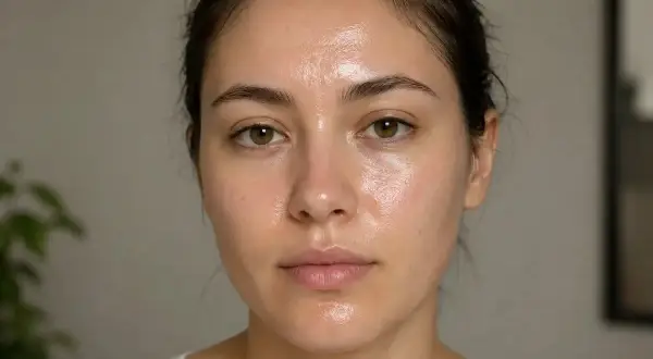 Twarz młodej kobiety z błyszczącą cerą, wskazującą na nadmierne wydzielanie sebum. Skóra jest nawilżona, ale widać połysk.