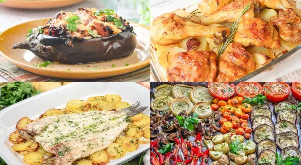 Un festín de diez recetas al horno: berenjena rellena, pollo asado con patatas, pescado con patatas y verduras variadas.