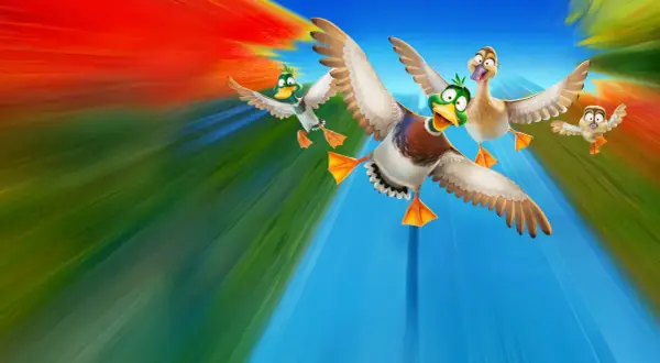 Vier lustige Enten fliegen im Sturzflug, bereit für ein Abenteuer. Ein "Raus aus dem Teich" Stream-Moment!