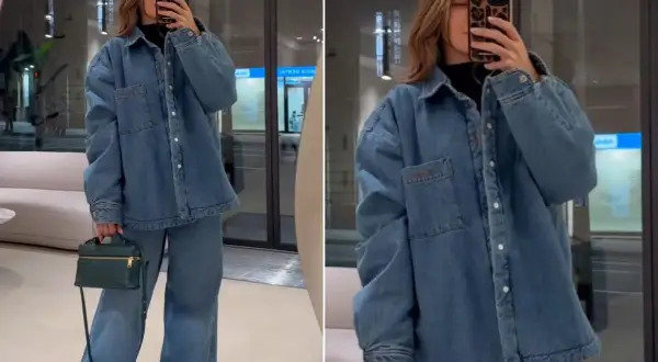 Stylowe stylizacje z koszulą oversize. Denimowy total look z szerokimi spodniami i zieloną torebką.