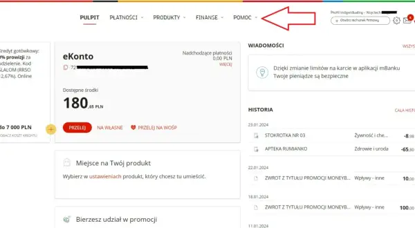 Strona główna mBanku. Kliknij "Pomoc", aby dowiedzieć się, jak sprawdzić identyfikator mbank.