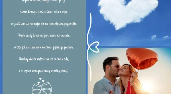 Para świętuje 13 rocznicę ślubu. Uśmiechnięci, z sercem w dłoni, patrzą w przyszłość pełną miłości.
