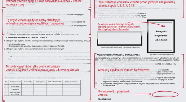 Formularz wniosku o wydanie prawa jazdy, z zaznaczonym polem "zgubione prawo jazdy" i informacją o fotografii.
