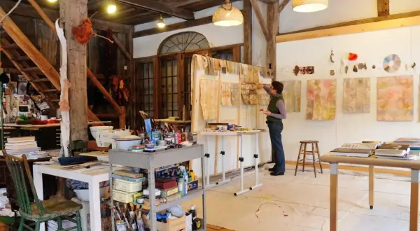 A woman works in a rustic studio, surrounded by art supplies and botanical prints, reminiscent of famous artists studios.