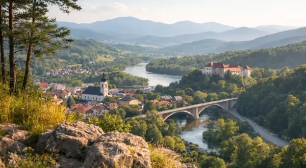 Widok na miasteczko z rzeką, mostem, kościołem i zamkiem na wzgórzu w otoczeniu gór.
