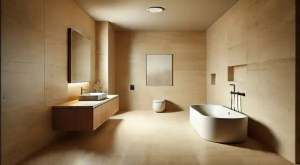Bagno moderno con pareti e pavimenti in travertino, che cos'è il travertino? Una pietra naturale calda e resistente.