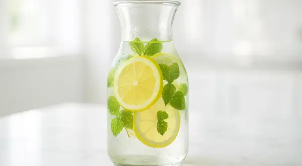 Caraffa di bevanda isotonica fatta in casa con fette di limone e foglie di menta fresca.