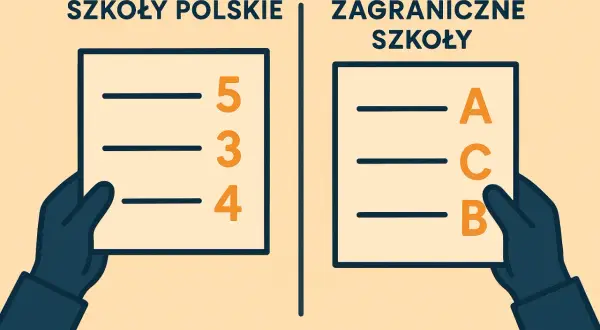 Dwie ręce trzymają kartki z ocenami: polskie (5, 3, 4) i zagraniczne (A, C, B).