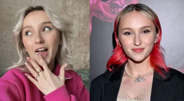 Hania z GenZie w różowej bluzie i z czerwonymi włosami, z uroczym makijażem i paznokciami.