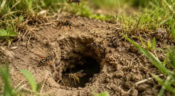Aktywne gniazdo os w ziemi. Kilka os krąży wokół wejścia, inne wchodzą do środka.
