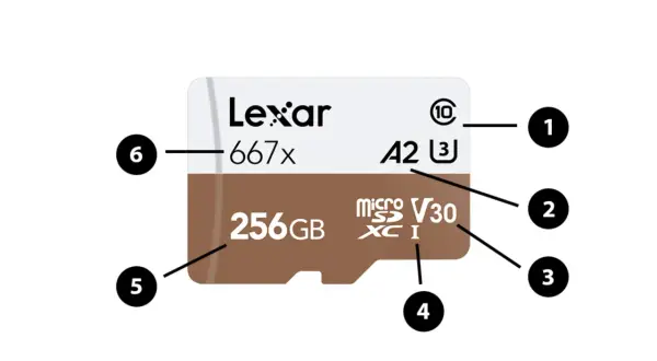 Lexar 256GB microSDXC karta z oznaczeniami klas prędkości SD: U3, V30, A2, 667x.