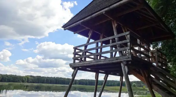 Drewniana wieża widokowa nad jeziorem, idealna na zwiedzanie i jako atrakcje dla dzieci.