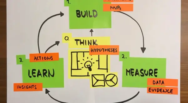 Schemat cyklu Lean Startup: Myśl (hipotezy), Buduj (eksperymenty, MVP), Mierz (dane, dowody), Ucz się (działania, wnioski). Kluczowy dla test przedsiębiorcy.