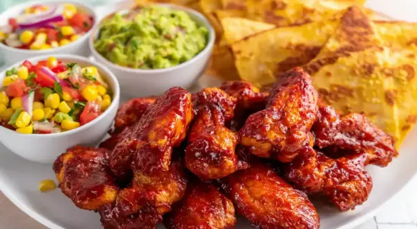 Saftiga kycklingvingar i ugn med tortillachips, guacamole och salsa. Perfekt för en festlig middag!