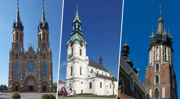Trzy imponujące budowle: bazylika archikatedralna z dwiema wieżami, biały kościół z zieloną kopułą i wieża z cegły.
